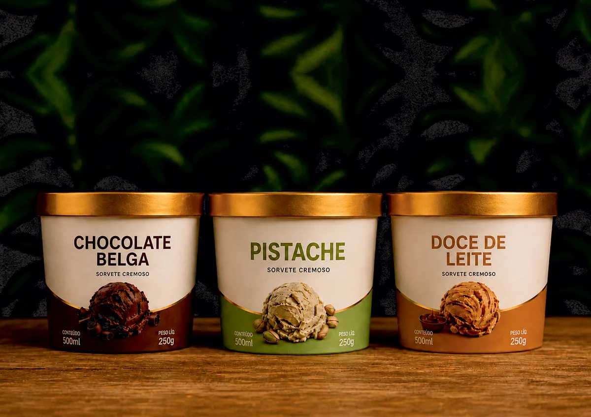 Três potes de sorvete personalizados: chocolate belga, pistache e doce de leite