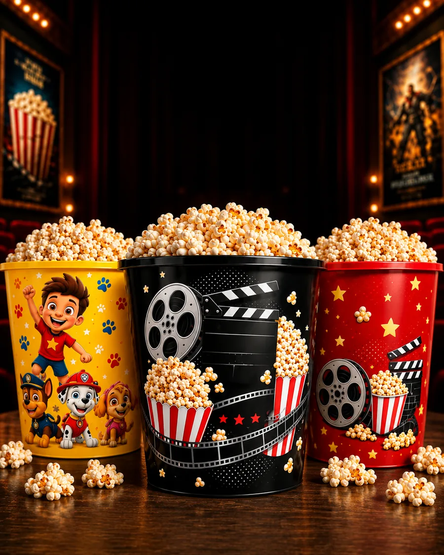 Três baldes de pipoca personalizados com artes de cinema em um saguão de cinema